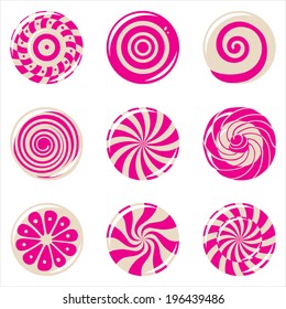 9 stylized pink lollipops over white background