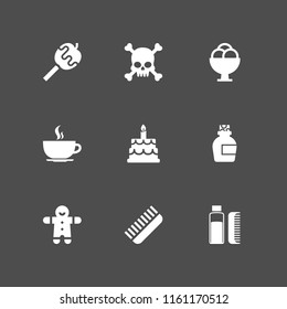 9 sugar icons in vector set. human skull with crossed bones silhouette, dessert, syrup and comb illustration for web and graphic design
