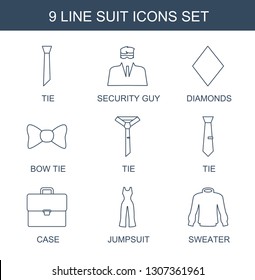 9 suit icons. Trendy suit icons white background. Included line icons such as tie, security guy, Diamonds, bow tie, case, jumpsuit, sweater. suit icon for web and mobile.