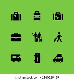 9 suitcase icons in vector set. baggage, tourism, traveler with a suitcase and trip luggage illustration for web and graphic design