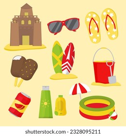 9 summer icon illustrations set. sand castle, eyeglasses, slipper, ice cream, surfing board, sand bucket, canned drink, sunscreen, and inflatable pool objects for your design.