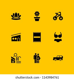 9 summer icon set with beach towel, flower and modern house vector illustration for graphic design and web