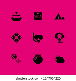 9 summer icon set with cloudy, diving goggles and flight vector illustration for graphic design and web