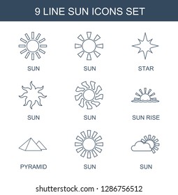 9 sun icons. Trendy sun icons white background. Included line icons such as star, sun rise, pyramid. icon for web and mobile.