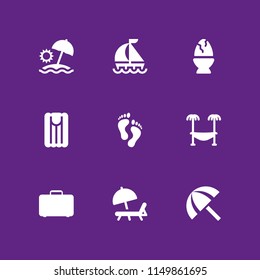 9 sun icons in vector set. sun umbrella, sunbed, human footprints and holiday illustration for web and graphic design