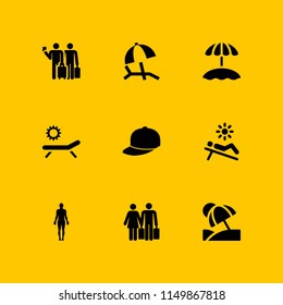 9 sun icons in vector set. standing human body silhouette, baseball cap, beach and holidays illustration for web and graphic design