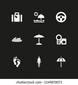 9 sun icons in vector set. truck, vacations, standing human body silhouette and holiday suitcase illustration for web and graphic design