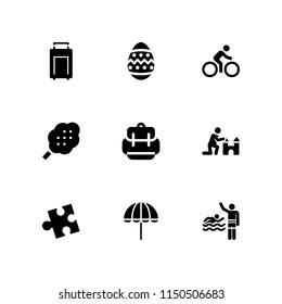 9 sun icons in vector set. sand castle, beach, umbrella and holiday illustration for web and graphic design