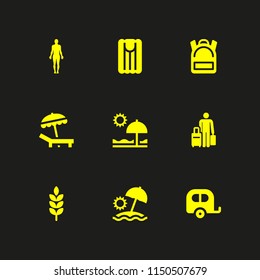 9 sun icons in vector set. travel, sun umbrella, standing human body silhouette and air mattress illustration for web and graphic design