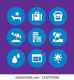 9 sun icons in vector set. building, sunblock, holiday suitcase and sun umbrella illustration for web and graphic design