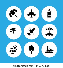9 sun icons in vector set. solar panel, vacations, park and space illustration for web and graphic design