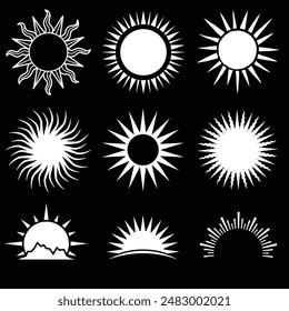 9 Sun logo, vector icons. Sunset and moon celestial line elements, mystic zodiac eye, magic bohemian rainbow. Outline abstract elegant logotype. Bohemian