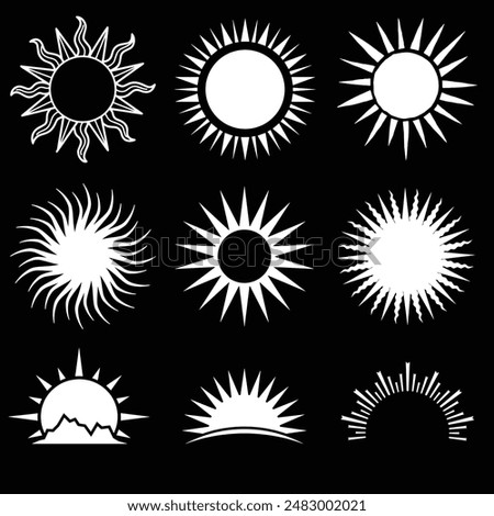 9 Sun logo, vector icons. Sunset and moon celestial line elements, mystic zodiac eye, magic bohemian rainbow. Outline abstract elegant logotype. Bohemian