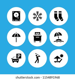 9 sunny icons in vector set. golf, winter, beach and bee hive illustration for web and graphic design