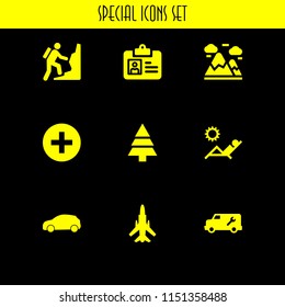 9 sunrise icons in vector set. cross, plane, park and sun illustration for web and graphic design