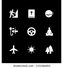9 sunrise icons in vector set. airplane, calm, mountain and fishing illustration for web and graphic design