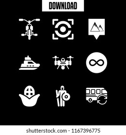 9 sunset vector icon set with drone, bicycle, focus and warrior icons for mobile and web