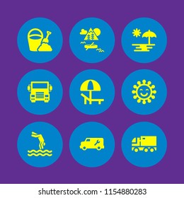 9 sunshine icons in vector set. summer, truck, beach and forest illustration for web and graphic design