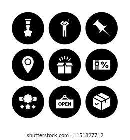 9 surprise icons in vector set. box, pin, voucher and surprised man illustration for web and graphic design