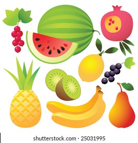 9 sweet ripe fruits and berries in one file: watermelon; lemon; pear; kiwi; banana; pomegranate; red currants; black currants; Isolated On White