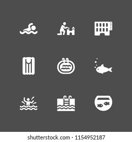 9 swimming icons in vector set. air mattress, hotel building, swimming pool and aquarium illustration for web and graphic design