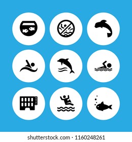 9 swimming icons in vector set. swimming pool, aquarium, hotel building and swimmer illustration for web and graphic design