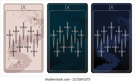 9 of Swords. A card of Minor arcana one line drawing tarot cards. Tarot deck. Vector linear hand drawn illustration with occult, mystical and esoteric symbols. 3 colors. Proposional to 2,75x4,75 in.