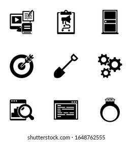 9 symbol filled icons set isolated on white background. Icons set with Payment Processor, social media strategy, door, goal, Shovel, cogwheel, Web analytics, coding, diamond ring icons.