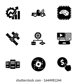 9 mit System gefüllte Symbole einzeln auf weißem Hintergrund. Symbole mit Produktivität, Autonomie, Künstliche Intelligenz, Raumstation, Algorithmus, Systemintegration-Symbole.