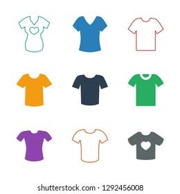 9 t icons. Trendy t icons white background. Included filled and line icons such as t shirt with heart, shirt, shirt, shirt. icon for web and mobile.