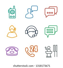 9 talk icons. Trendy talk icons white background. Included outline icons such as speaker, hours support, desk phone, chat, operator, support, message. talk icon for web and mobile.