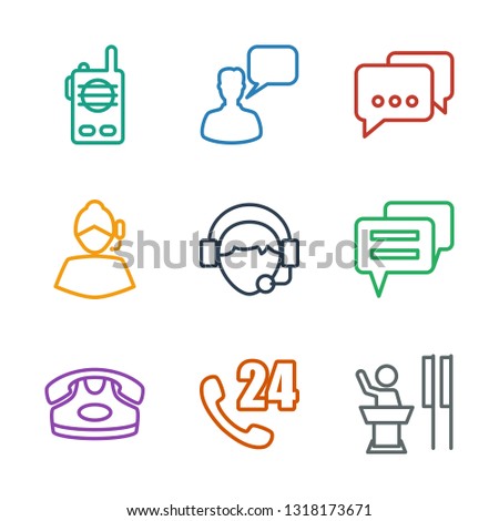 9 talk icons. Trendy talk icons white background. Included outline icons such as speaker, hours support, desk phone, chat, operator, support, message. talk icon for web and mobile.