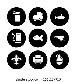 9 tank icons in vector set. grenade, fuel, war and aquarium illustration for web and graphic design