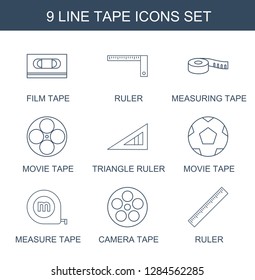 9 tape icons. Trendy tape icons white background. Included line icons such as film tape, ruler, measuring tape, movie triangle ruler, measure. icon for web and mobile.