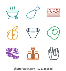 9 tasty icons. Trendy tasty icons white background. Included outline icons such as french fries, pepper, pizza, egg, bowl, apple, piece of cake. tasty icon for web and mobile.