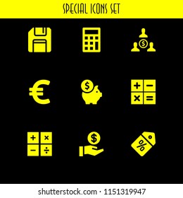 9 tax icons in vector set. discount, money, save and calculation illustration for web and graphic design