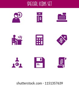 9 tax icons in vector set. discount, bill, save and euro illustration for web and graphic design