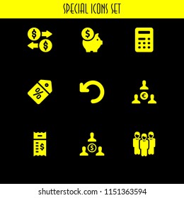 9 tax icons in vector set. calculator, bill, money and discount illustration for web and graphic design