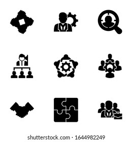 9 teamwork filled icons set isolated on white background. Icons set with start-up team, manager, Target Audience, Leadership, colleague, partnership, Puzzle, business people icons.
