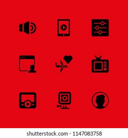9 technology icon set with television, movie player and settings vector illustration for graphic design and web
