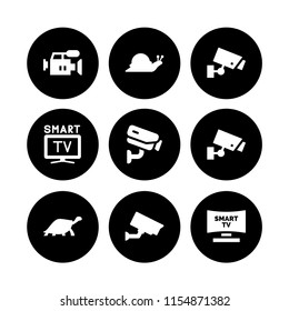 9 television icons in vector set. slow, film, smart tv and cctv illustration for web and graphic design