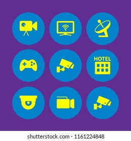 9 television icons in vector set. video camera, antenna, security camera and cctv illustration for web and graphic design