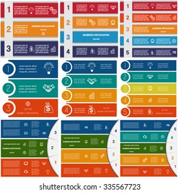  9 Templates, Infographics Cyclic Processes, Business Concept,  Colorful Strips On Three, Four, Five Options Possible To Use For Work Flow, Banner, Diagram, Web Design, Time Line, Area