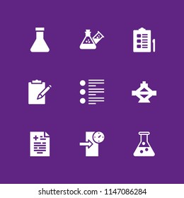 9 test icon set with medical result, flask and check in vector illustration for graphic design and web