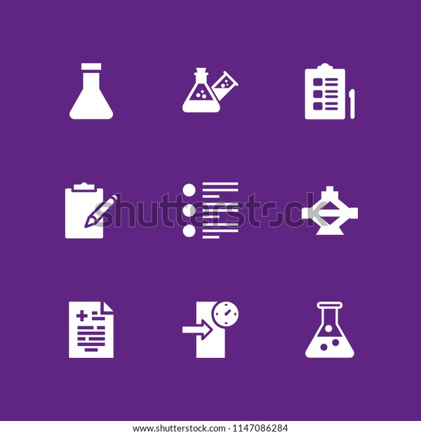 9 test icon set\
with medical result, flask and check in vector illustration for\
graphic design and web