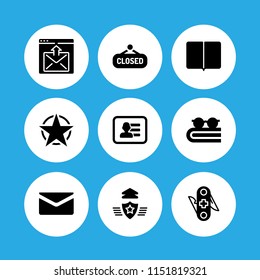 9 text icons in vector set. closed, rank, letter and ebook illustration for web and graphic design