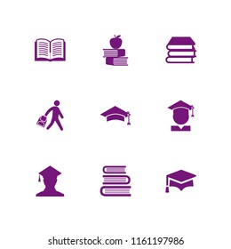 9 textbook icons in vector set. books stack from top view, student and book illustration for web and graphic design