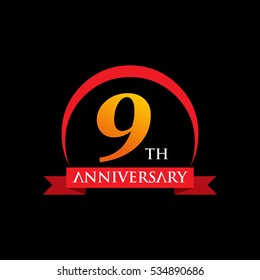 9 Th anniversary ribbon logo with red and orange color
