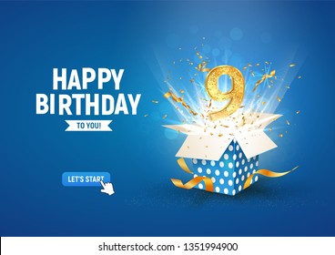 9 th years anniversary banner with open burst gift box. Template ninth birthday celebration and abstract text on blue background vector illustration