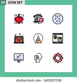 9 Thematic Vector Filled line Flat Colors and Editable Symbols of internet; mental; laptop; meditation; mental concentration Editable Vector Design Elements